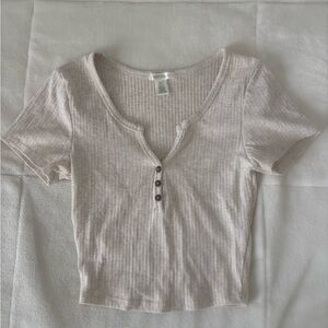 Beige Ribbed Crop Top with Buttons